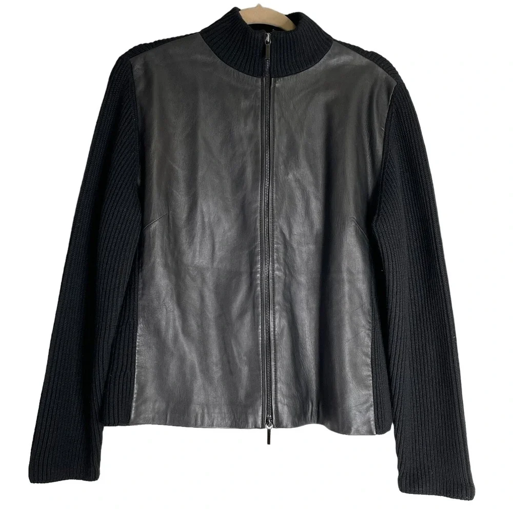 Valerie‎ Separates Leather Knit Full Zip Jacket Womens Size L Black Mock Neck